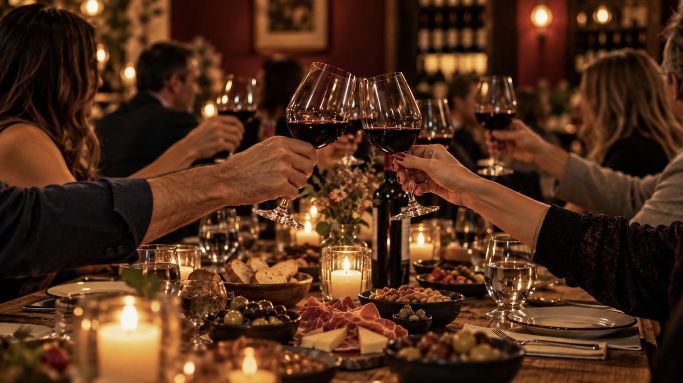 Brindis con copas de vino tinto en una mesa con velas
